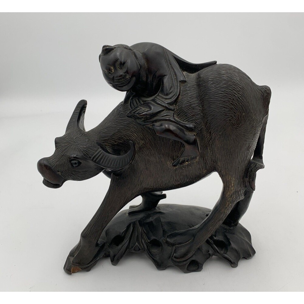 Vtg Hand Carved 7 1/2” Wooden Bull Figure W/Boy Ox Buffalo Eyes .
